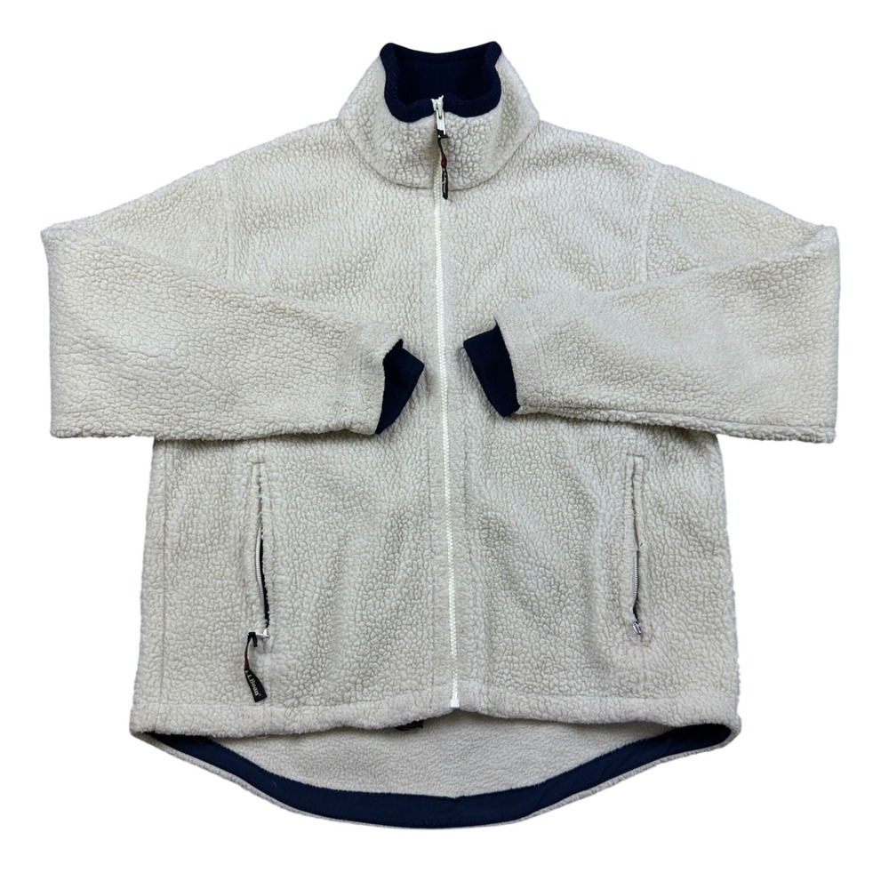 LL Bean Outdoors Sherpa Fleece Jacket Cream Navy Full Zip Deep Pile Teddy Coat